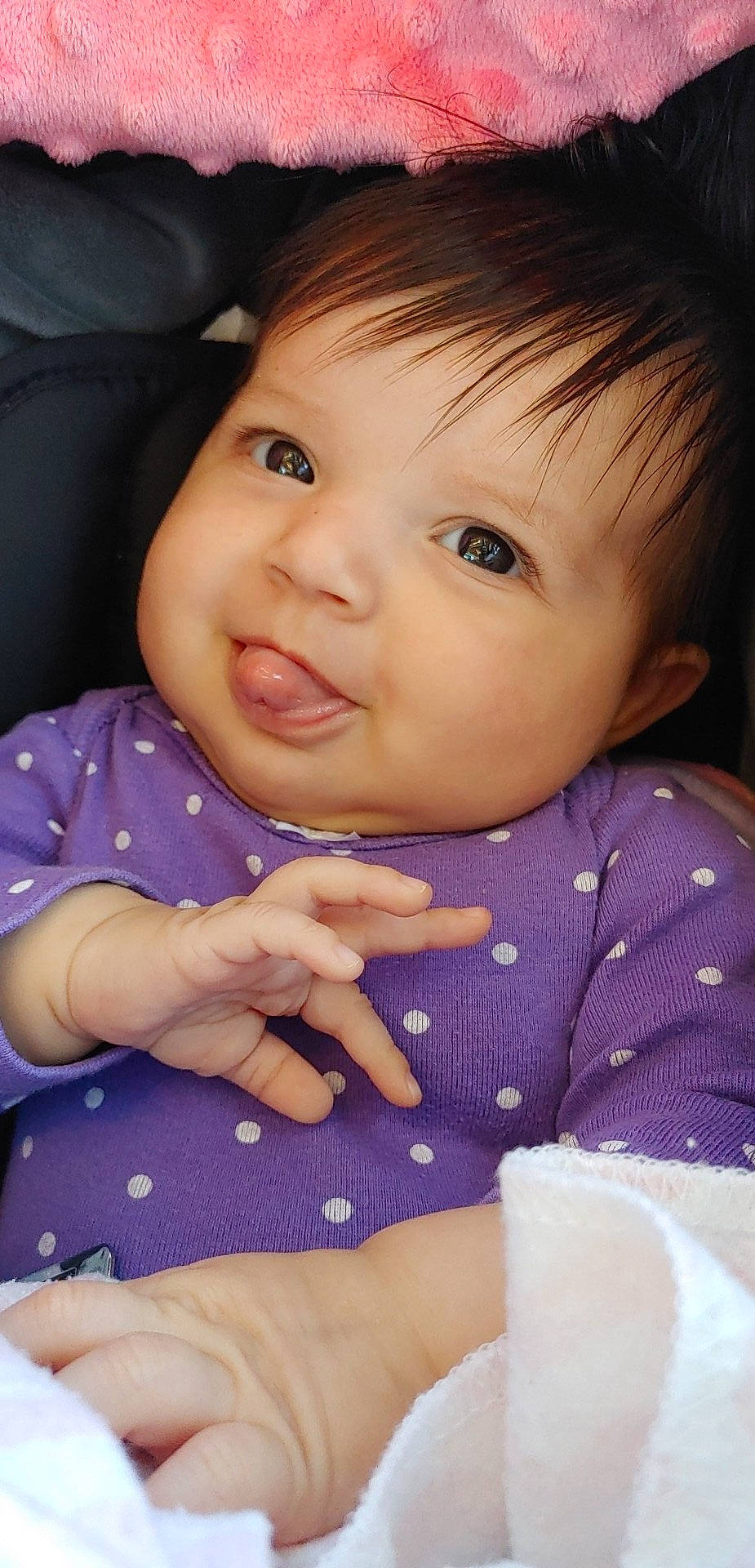 Delilah joined the competition — help win amazing prizes! baby_toddler_clothing, cheek, child, chin, eye, eyelash, finger, gesture, hair, happy, iris, lip, mouth, nose, person, pink, skin, sleeve, smile, thumb