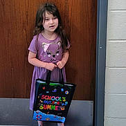 Ava joined the competition — help win amazing prizes! child, girl, purple_dress, striped_clothing, tote_bag, school, summer, purple_sandals, door, wooden_door, concrete_floor, indoor, smiling, standing, casual_clothing, cute, young, person, footwear, holding_bag