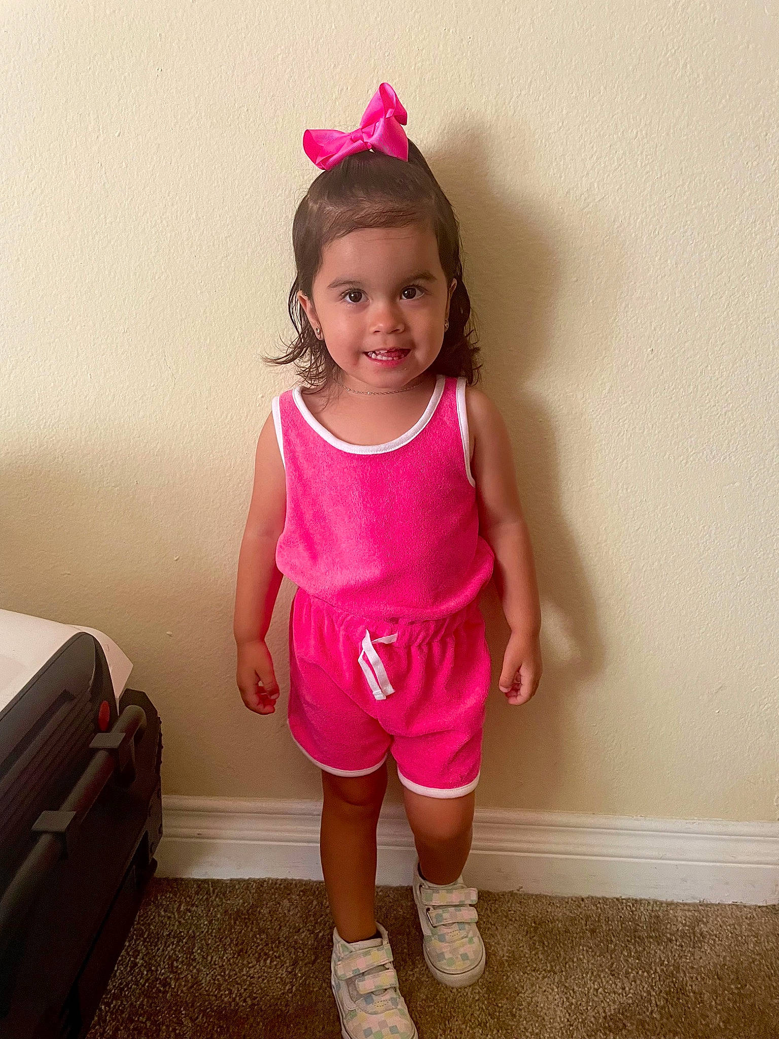 Angie joined the competition — help win amazing prizes! baby_toddler_clothing, clothing, face, facial_expression, happy, joy, knee, leg, magenta, neck, person, pink, purple, shorts, shoulder, skin, sleeve, smile, t_shirt, thigh