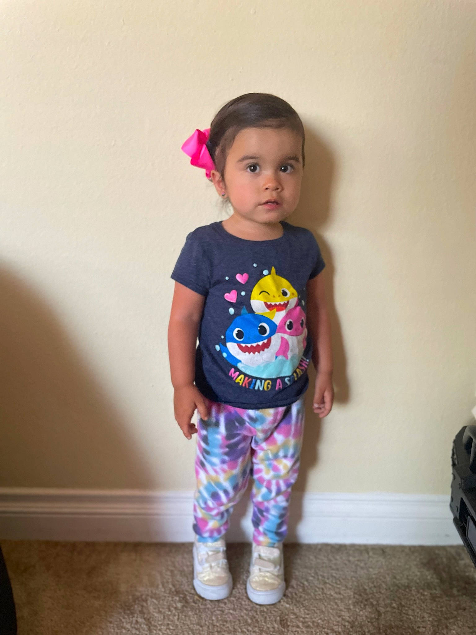 Angie joined the competition — help win amazing prizes! active_pants, baby_toddler_clothing, clothing, cool, face, hairstyle, happy, head, knee, magenta, neck, person, pink, shoulder, sleeve, smile, sweatpant, t_shirt, thigh, toddler