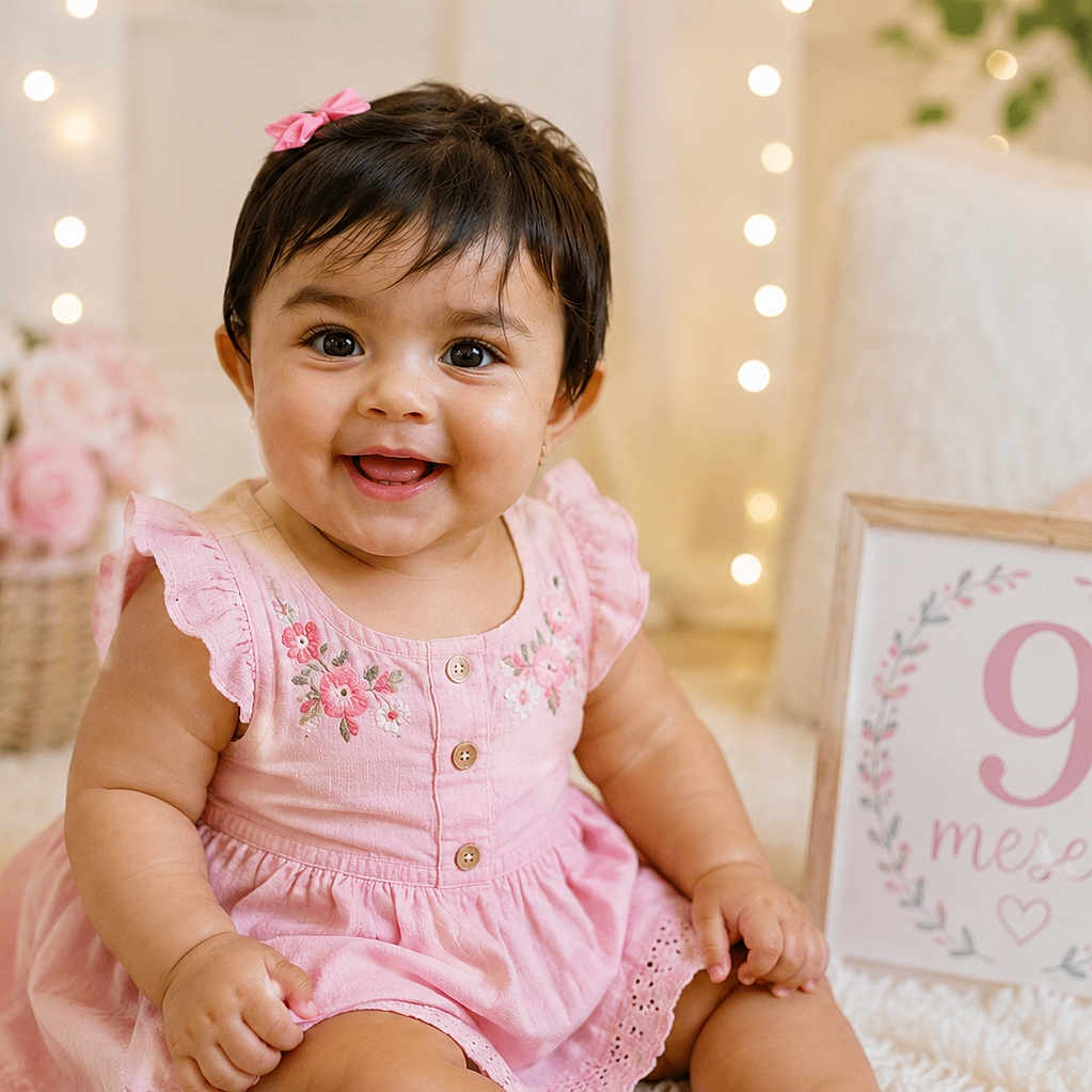 María Jose Sua Baron joined the competition — help win amazing prizes! baby, girl, pink_dress, smiling, sitting, face, fairy_lights, basket, flowers, milestone_sign, home_interior, soft_rug, cute, child, portrait, happy, decor, celebration, infant, indoors