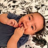 Dezi joined the competition — help win amazing prizes! baby, infant, child, cute, smiling, hands, fingers, face, eyes, lying_down, blanket, pattern, black_and_white, clothing, blue_shirt, portrait, close_up, happy, playful, young