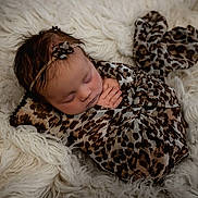 Mia is registered to the contest to win money with this photo: baby, sleeping, newborn, leopard_print, blanket, wrapped, headband, soft, cozy, infant, resting, cute, child, fur_texture, patterned_cloth, peaceful, portrait, indoor, toddler, sleep