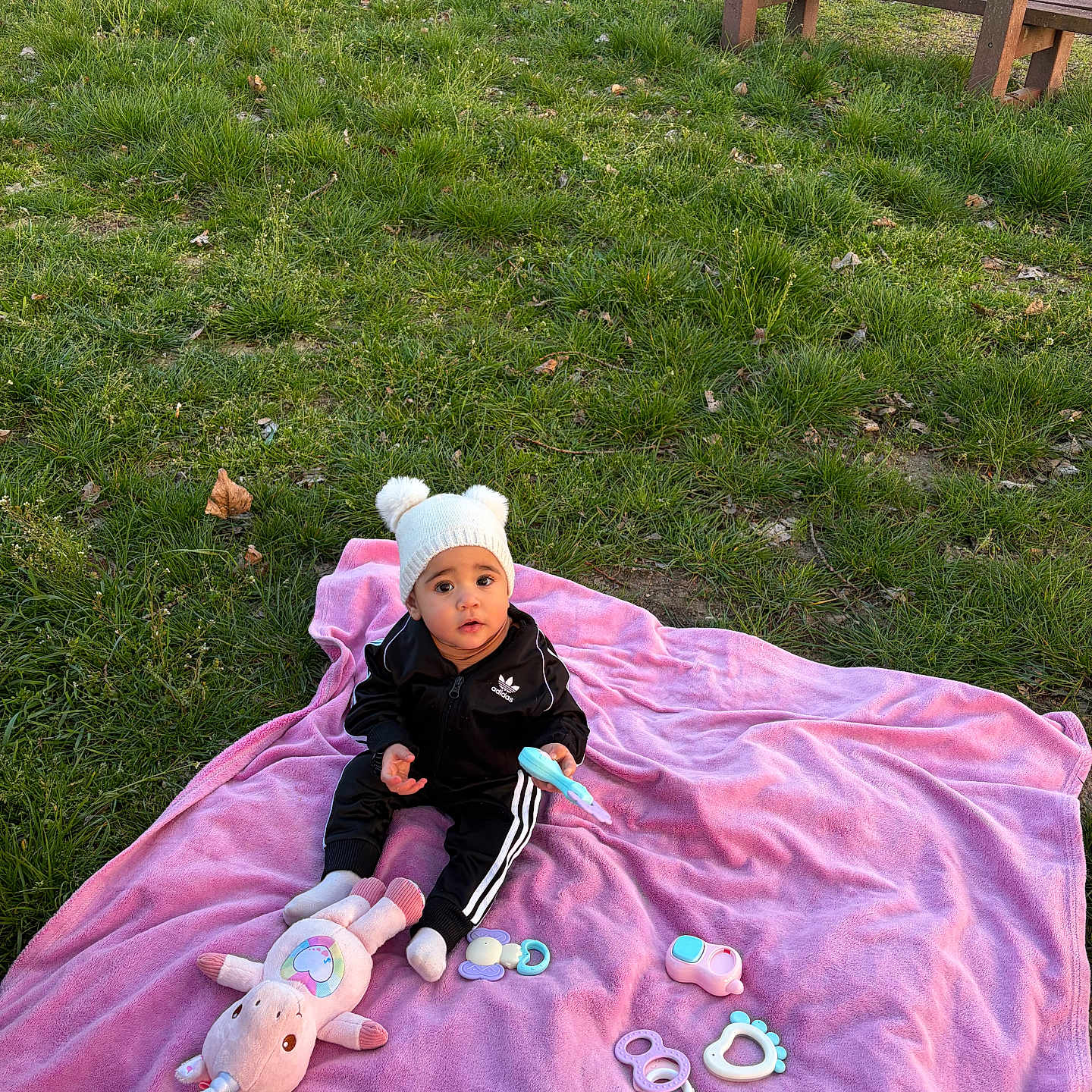 Mia participe au concours pour gagner de l'argent avec cette photo : baby, child, grass, pink_blanket, toy, plush_unicorn, outdoor, park, hat, pom_poms, sitting, cute, playtime, greenery, bench, casual_clothing, black_tracksuit, white_socks, daylight, curious