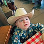 Timothy joined the competition — help win amazing prizes! toddler, child, cowboy_hat, patterned_shirt, table, red_and_white_checkered, indoor, curious_expression, person, seated, furniture, people, casual, floor, bag, boots, jeans, hand, face, blue_eyes
