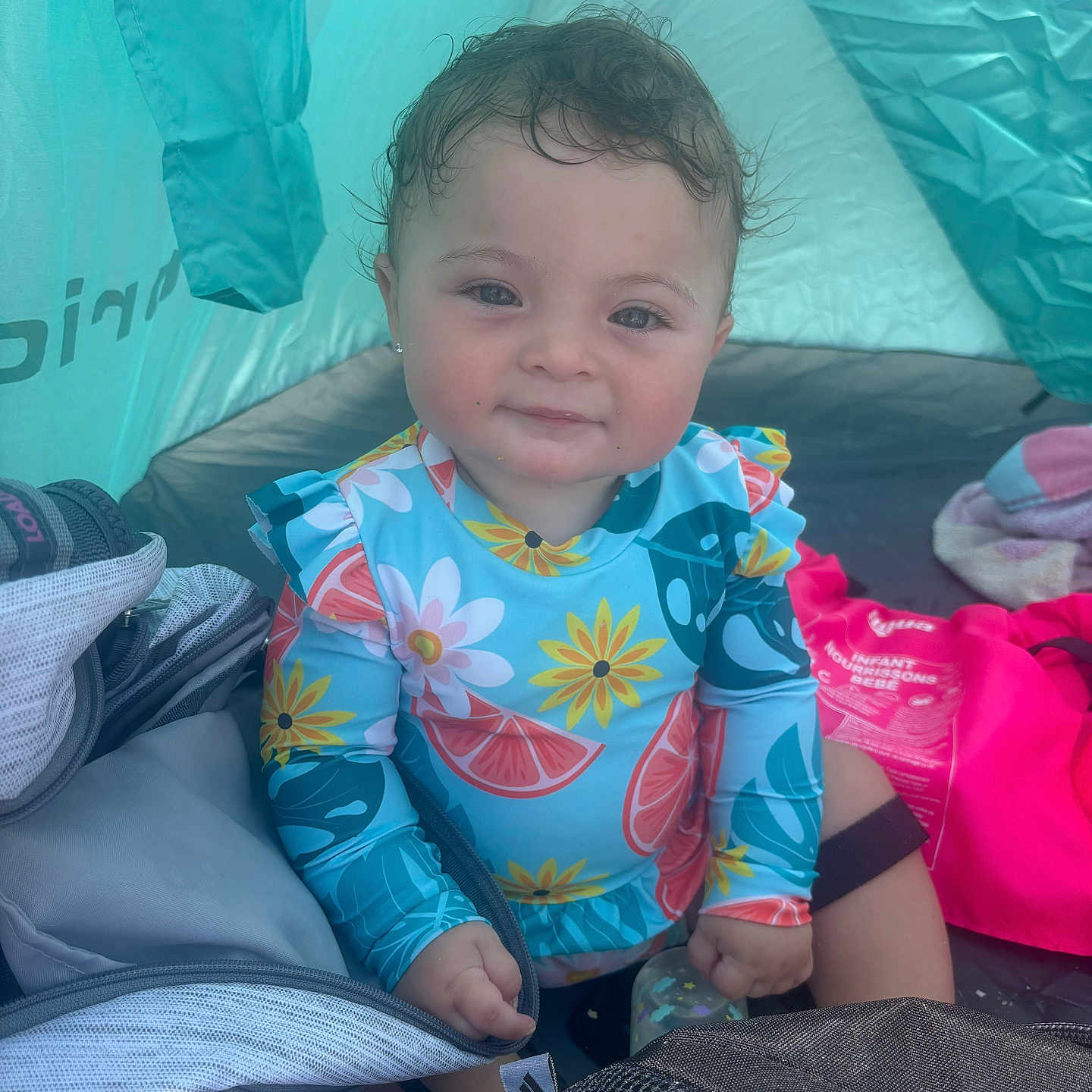 Aubryanna is registered to the contest to win money with this photo: accessories, applique, architecture, baby, bag, bodypart, building, camping, face, finger, hand, handbag, head, outdoors, pattern, person, photography, portrait, shelter, tent