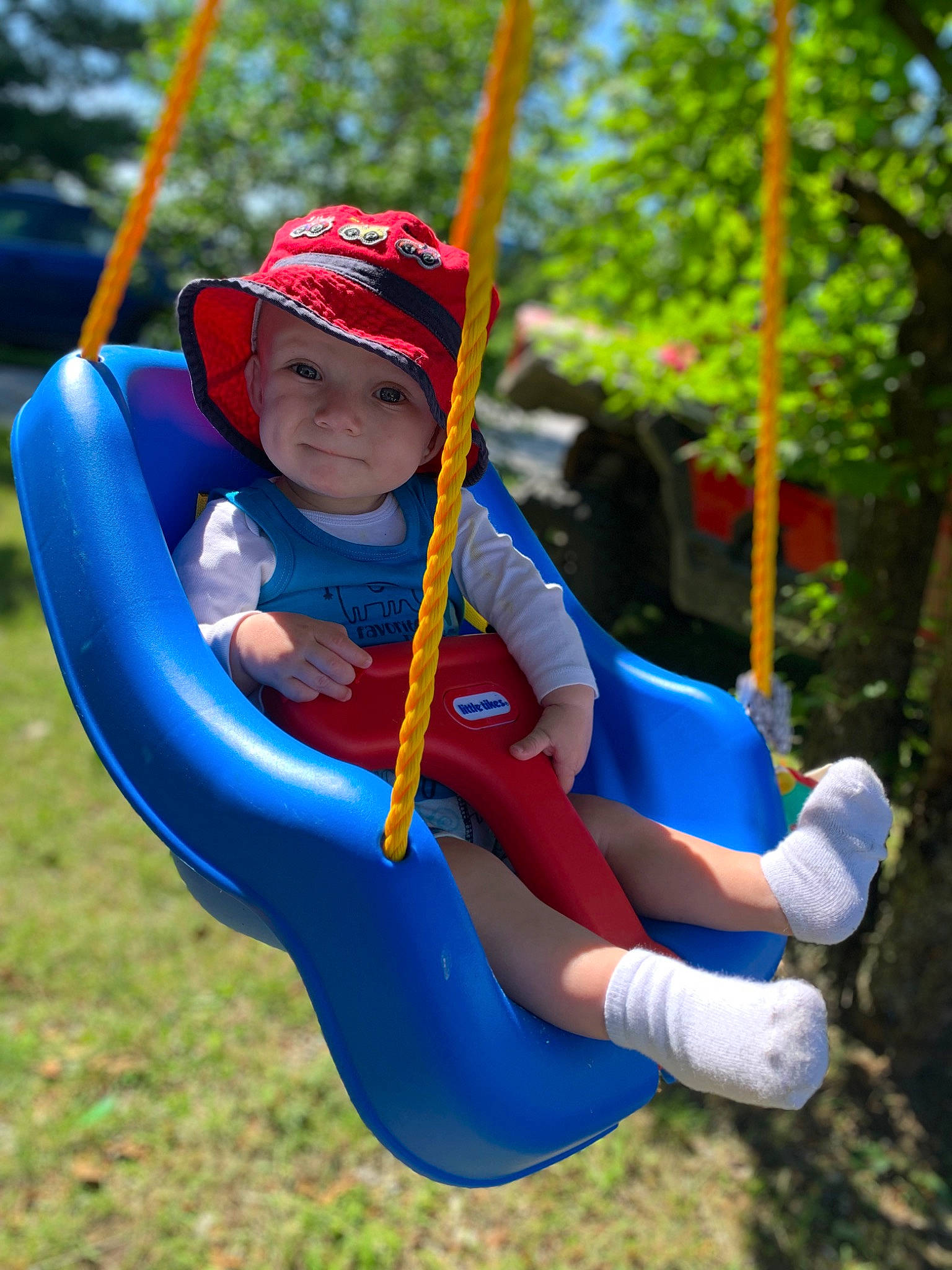 Dawson joined the competition — help win amazing prizes! baby_toddler_clothing, child, chute, city, electric_blue, fun, grass, happy, hat, headwear, leaf, leisure, outdoor_play_equipment, people_in_nature, person, playground, recreation, shorts, smile, swing