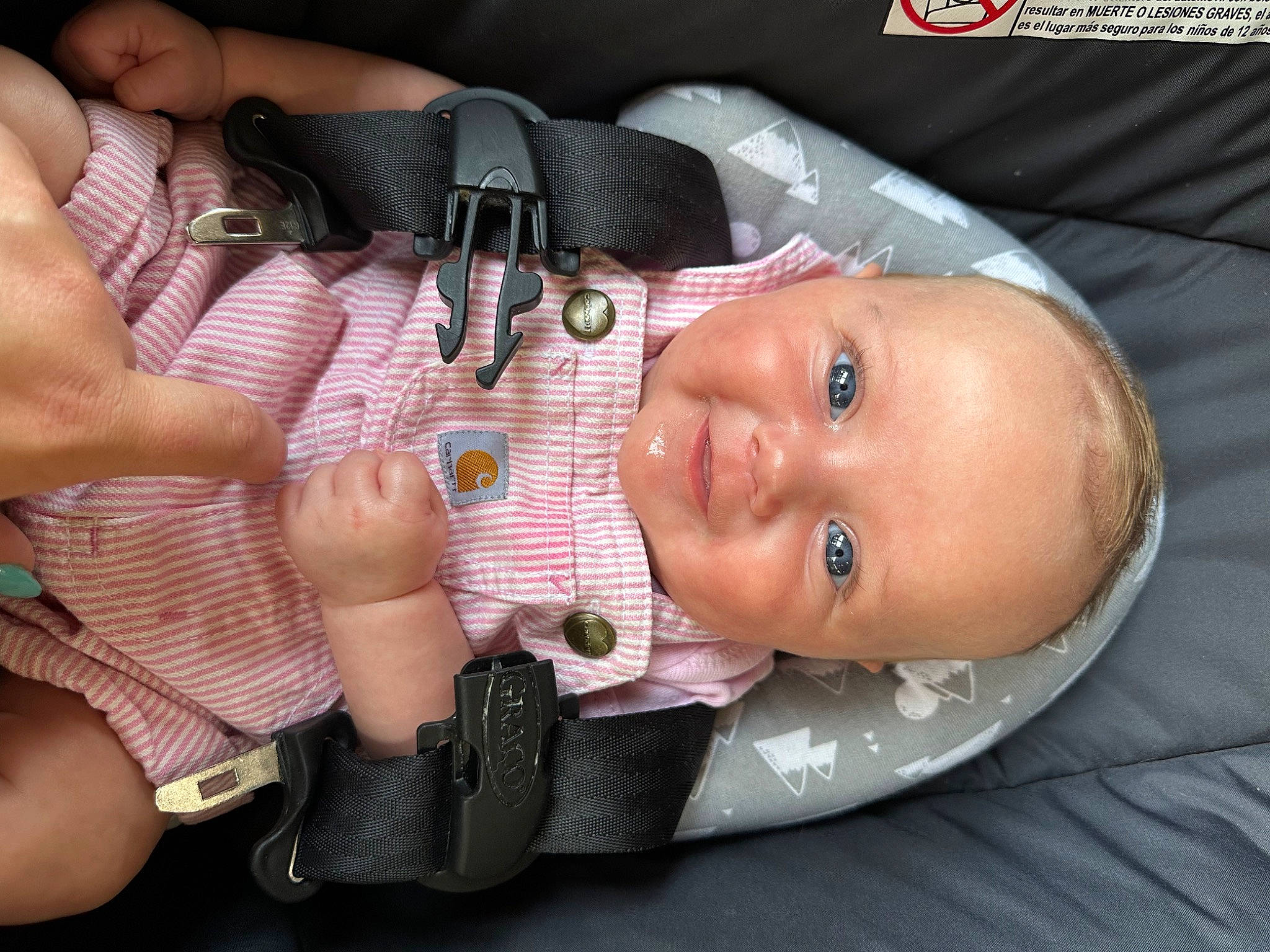 Gemma is registered to the contest to win money with this photo: audio_equipment, baby, baby_carriage, car_seat, cheek, comfort, ear, eyebrow, eyelash, finger, hand, lip, mouth, nail, nose, person, seat_belt, skin, smile, thumb