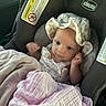 Marion joined the competition — help win amazing prizes! baby, blanket, car_interior, car_seat, child, clothing, comfort, cute, face, hat, headwear, indoors, infant, pastel_colors, person, portrait, seat, sitting, soft_texture, young_child