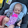baby, baby_clothes, baby_fashion, car_seat, cheeky_smile, chicco, child, cute, grass_background, head_support, infant, infant_care, nike_logo, outdoor, pink_clothing, polka_dots, safety_harness, seat_belt, smiling, sunlight