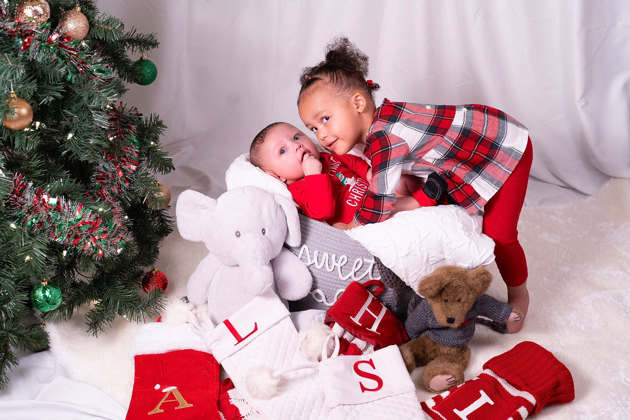 Leia joined the competition — help win amazing prizes! christmas, christmas_decoration, christmas_eve, christmas_ornament, christmas_tree, comfort, event, happy, holiday, holiday_ornament, lap, ornament, pattern, person, plaid, red, room, tartan, toddler, white