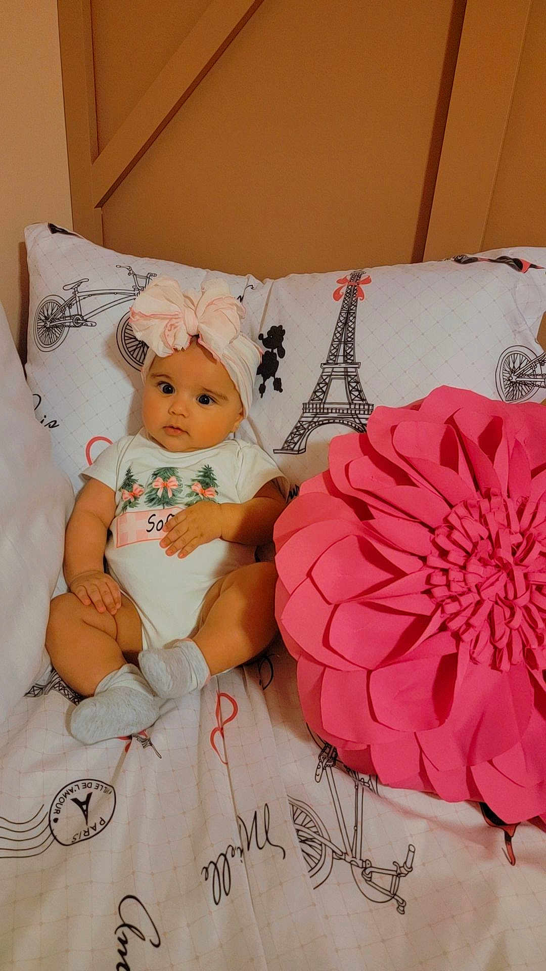 Sofia is registered to the contest to win money with this photo: baby, bed, bedroom, clothing, cushion, face, flower, furniture, hat, head, homedecor, hosiery, newborn, person, photography, pillow, plant, portrait, rose, sock