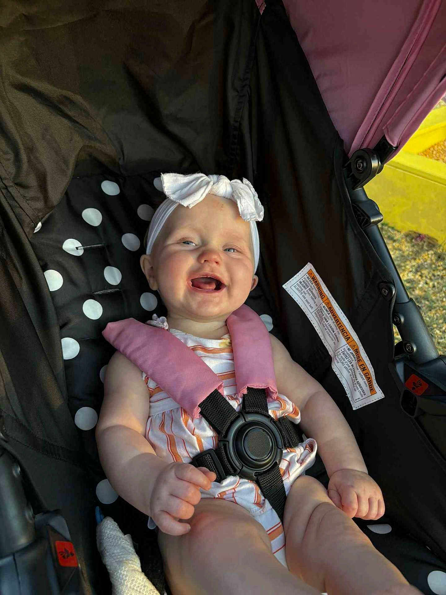 Elliauna is registered to the contest to win money with this photo: baby, child, stroller, smiling, headband, pink, polka_dot, harness, outdoor, sunlight, happy, infant, clothing, seatbelt, cute, person, portrait, cheerful, summer, babywearing