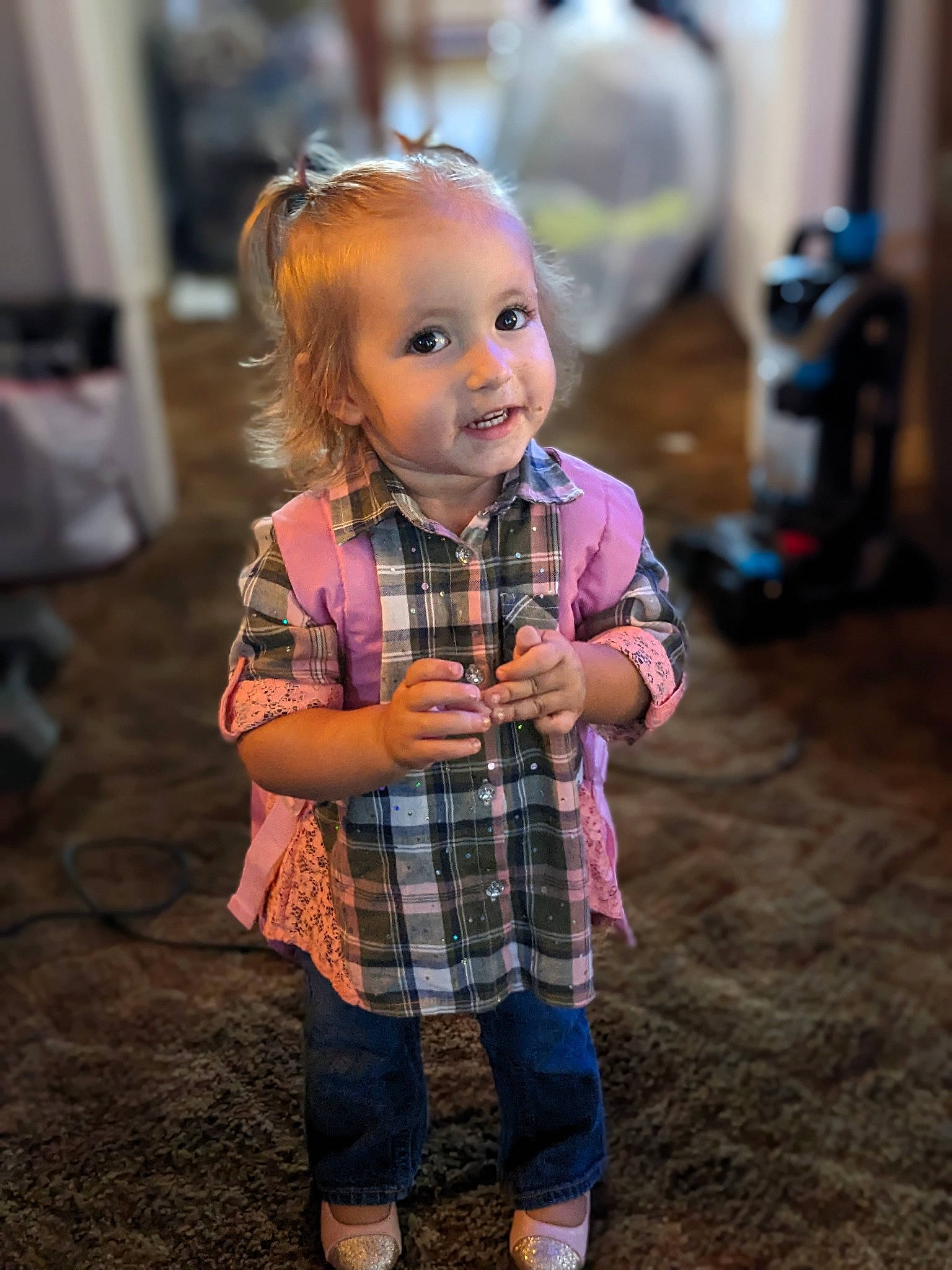 Davina joined the competition — help win amazing prizes! baby_toddler_clothing, child, eye, face, flash_photography, flooring, fun, hair, happy, head, pattern, person, plaid, purple, sitting, skin, smile, soil, tartan, toddler