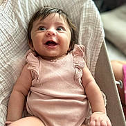 Anaya Maria is registered to the contest to win money with this photo: baby, infant, smiling, happy, pink_outfit, ruffles, cushion, seat, comfortable, cute, portrait, child, skin, arm, hand, leg, indoor, soft_light, closeup, person