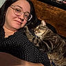 Axel is registered to the contest to win money with this photo: affection, animal, black_clothing, cat, closeup, cozy, domestic_animal, eyewear, face, feline, glasses, indoor, interaction, lying_down, person, pet, polka_dot, resting, tabby_cat, wooden_background