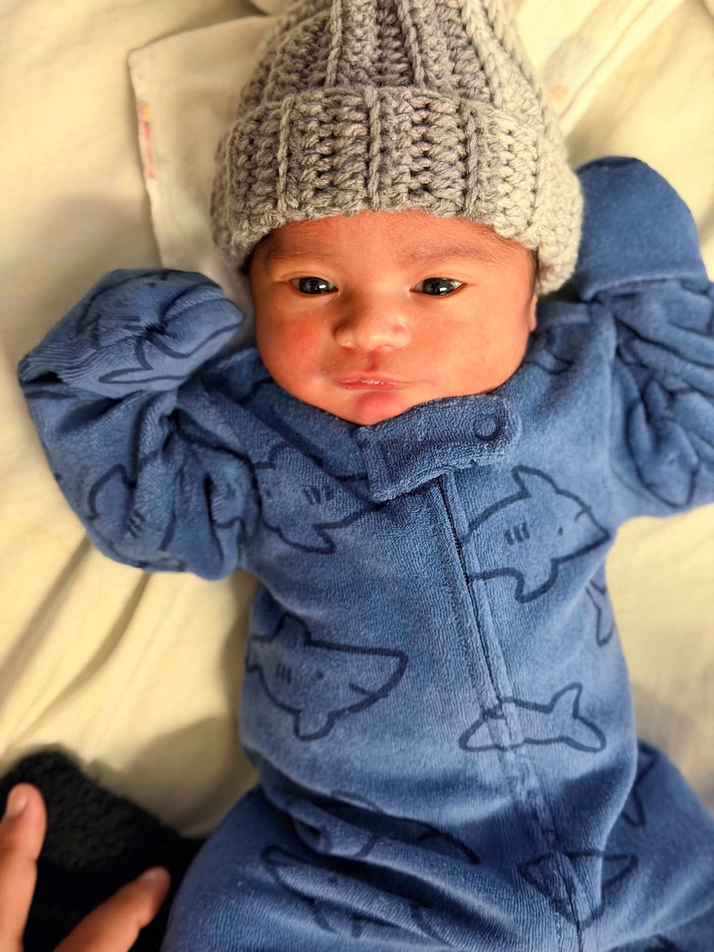 Malakai joined the competition — help win amazing prizes! baby, infant, child, blue_onesie, shark_pattern, knit_hat, cozy, blanket, cute, portrait, newborn, soft_texture, sleepwear, warm_clothing, closeup, face, hand, lying_down, indoors, adorable