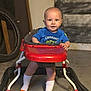 baby, child, walker, blue_eyes, socks, orange, red, indoor, floor, door, tire, person, cute, curious, clothing, infant, portrait, sitting, toy, play