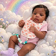 Jazmyn joined the competition — help win amazing prizes! baby, infant, child, portrait, smiling, rainbow, clouds, flowers, pastel, lavender, pink, bib, socks, necklace, sparkles, stars, fantasy, dreamy, sitting, indoor