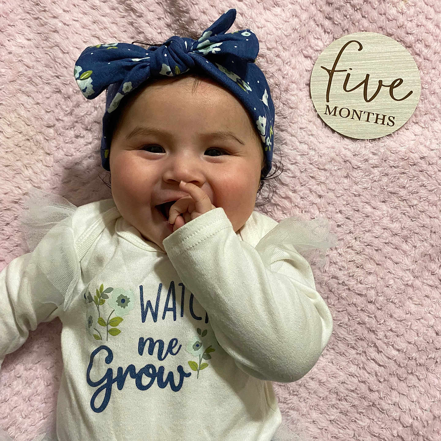 Eliana is registered to the contest to win money with this photo: baby, blue_flower_pattern, child, close_up, cute, face, five_months, hand_near_mouth, happy, headband, indoors, infant, lying_down, pink_blanket, portrait, smiling, soft_texture, tulle, white_clothing, wooden_sign