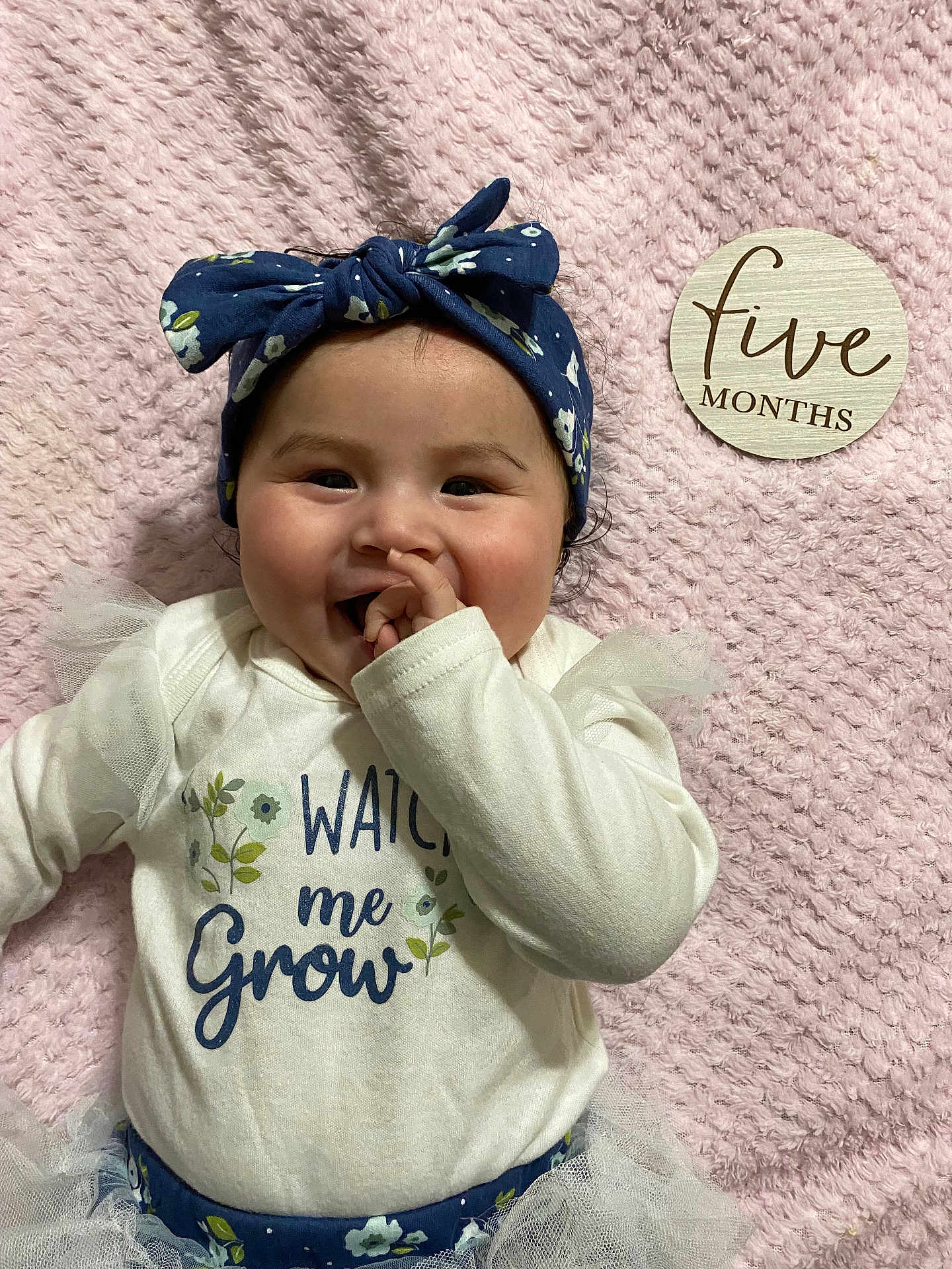 Eliana is registered to the contest to win money with this photo: baby, infant, smiling, headband, white_clothing, blue_flower_pattern, pink_blanket, hand_near_mouth, wooden_sign, five_months, tulle, cute, portrait, happy, child, lying_down, indoors, close_up, face, soft_texture