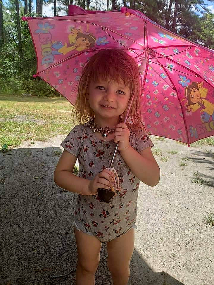 Julieanna joined the competition — help win amazing prizes! child, fashion_accessory, fawn, fun, joy, leaf, person, pink, plant, play, rain, skin, smile, summer, toddler, tree, umbrella