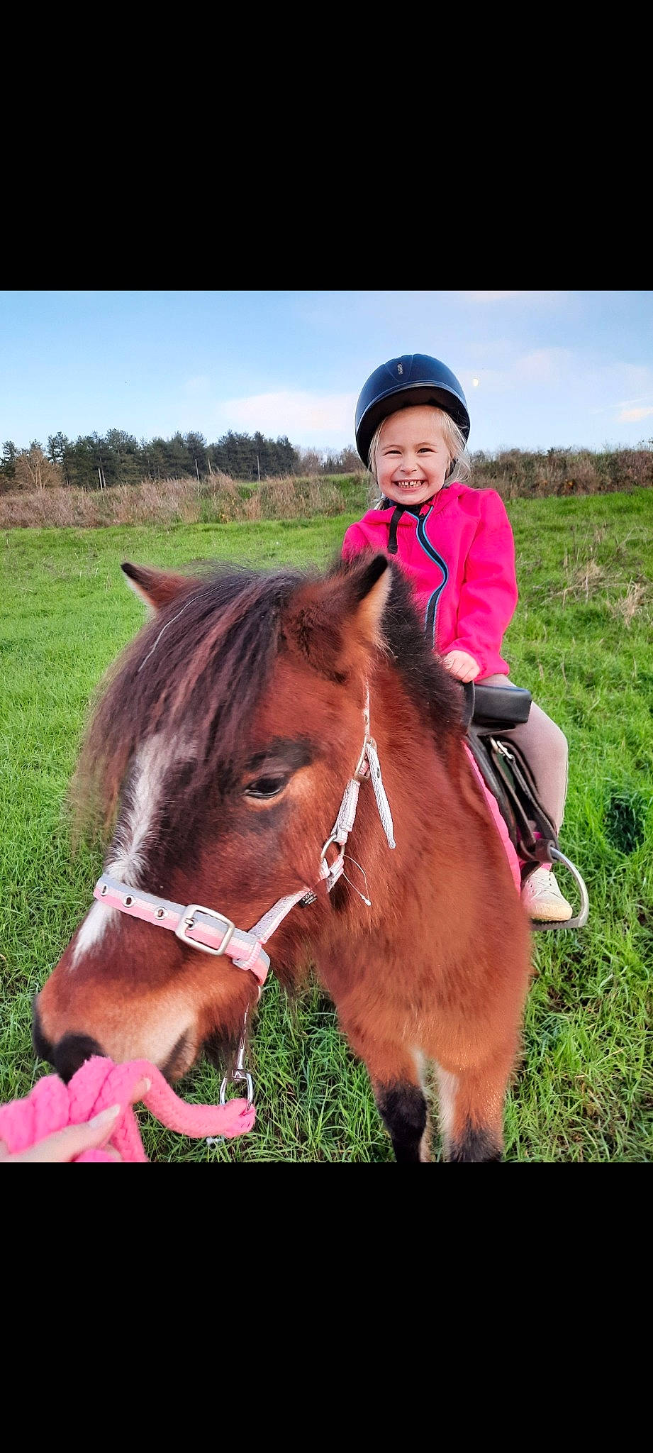 Lyana participe au concours pour gagner de l'argent avec cette photo : bit, bridle, equestrian_helmet, equestrian_sport, equestrianism, grass, happy, headwear, horse, horse_supplies, horse_tack, joy, liver, mane, outerwear, pack_animal, person, rein, saddle, sky