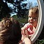 toddler, child, mirror, reflection, pink_dress, outdoor, sunlight, grass, hand, face, curious, baby, nature, portrait, smile, young_child, head, hair, skin, play