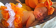 Scarlett Meadow is registered to the contest to win money with this photo: baby, newborn, sleeping, headband, orange, skirt, basket, blanket, pumpkin, knitted, cozy, soft, cute, infant, resting, child, autumn, decor, portrait, indoors