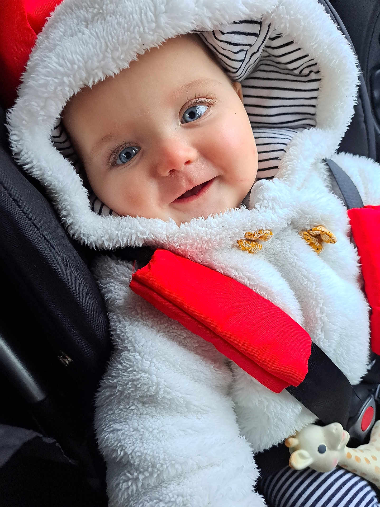 Victoire a rejoint le concours — aidez-le/la à gagner de superbes lots ! baby, child, infant, face, smile, hood, jacket, car_seat, seatbelt, toy, giraffe, striped, clothing, red, white, cute, blue_eyes, closeup, happy, portrait