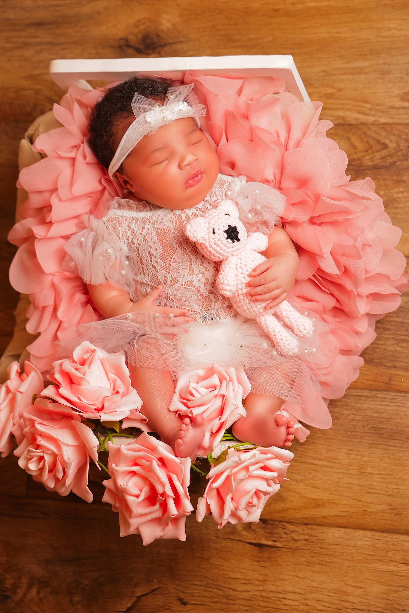 Cali joined the competition — help win amazing prizes! baby, baby_sleeping, baby_toddler_clothing, bridal_accessory, cut_flowers, dress, fashion_accessory, garden_roses, hair_accessory, headgear, headpiece, headwear, linens, peach, person, petal, pink, plant, rose, rose_family