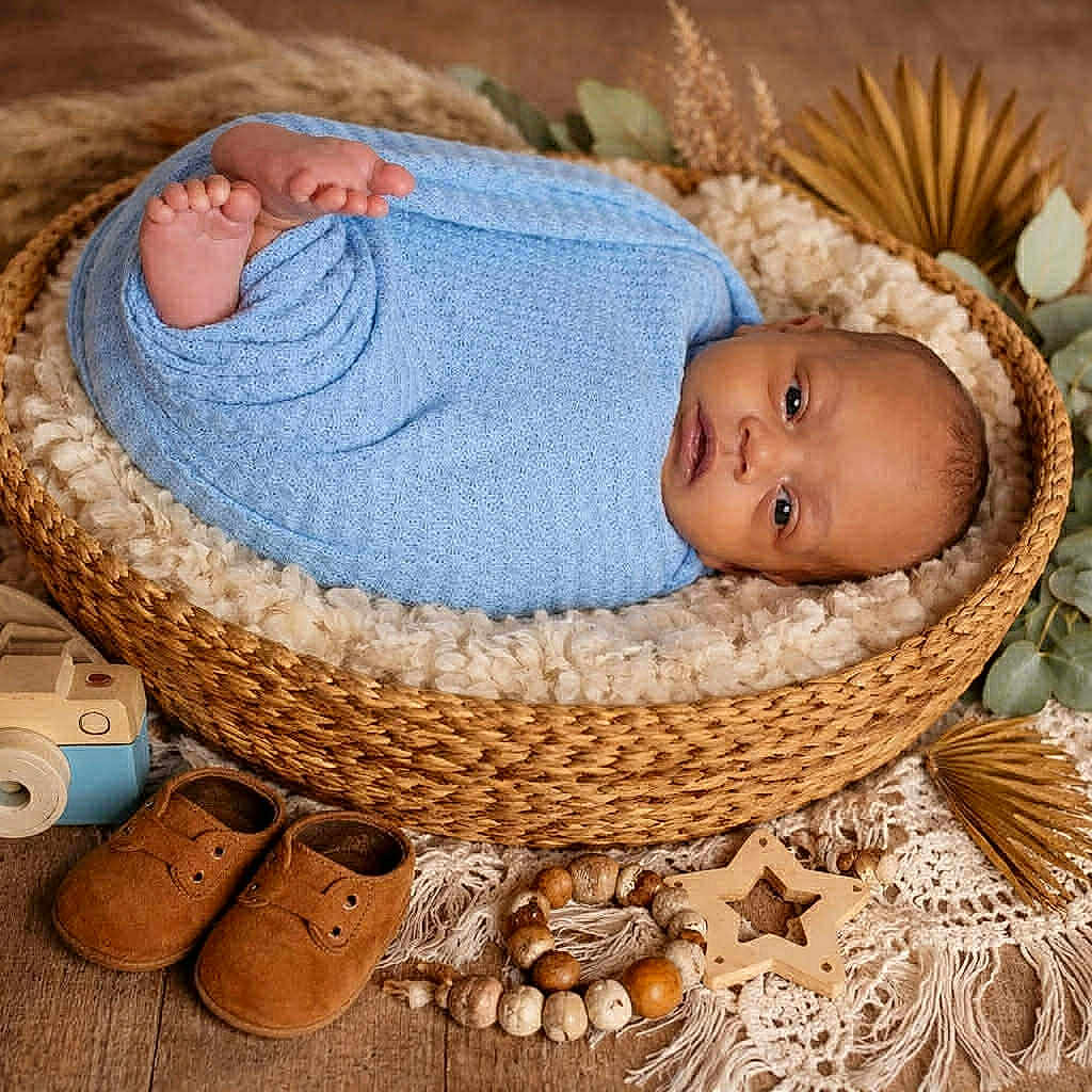 Messiah joined the competition — help win amazing prizes! baby, newborn, basket, blue_blanket, wooden_toy, baby_shoes, wooden_beads, autumn_decor, dried_leaves, cozy, portrait, infant, wrapped, soft_texture, floor, cute, peaceful, indoor, head, face