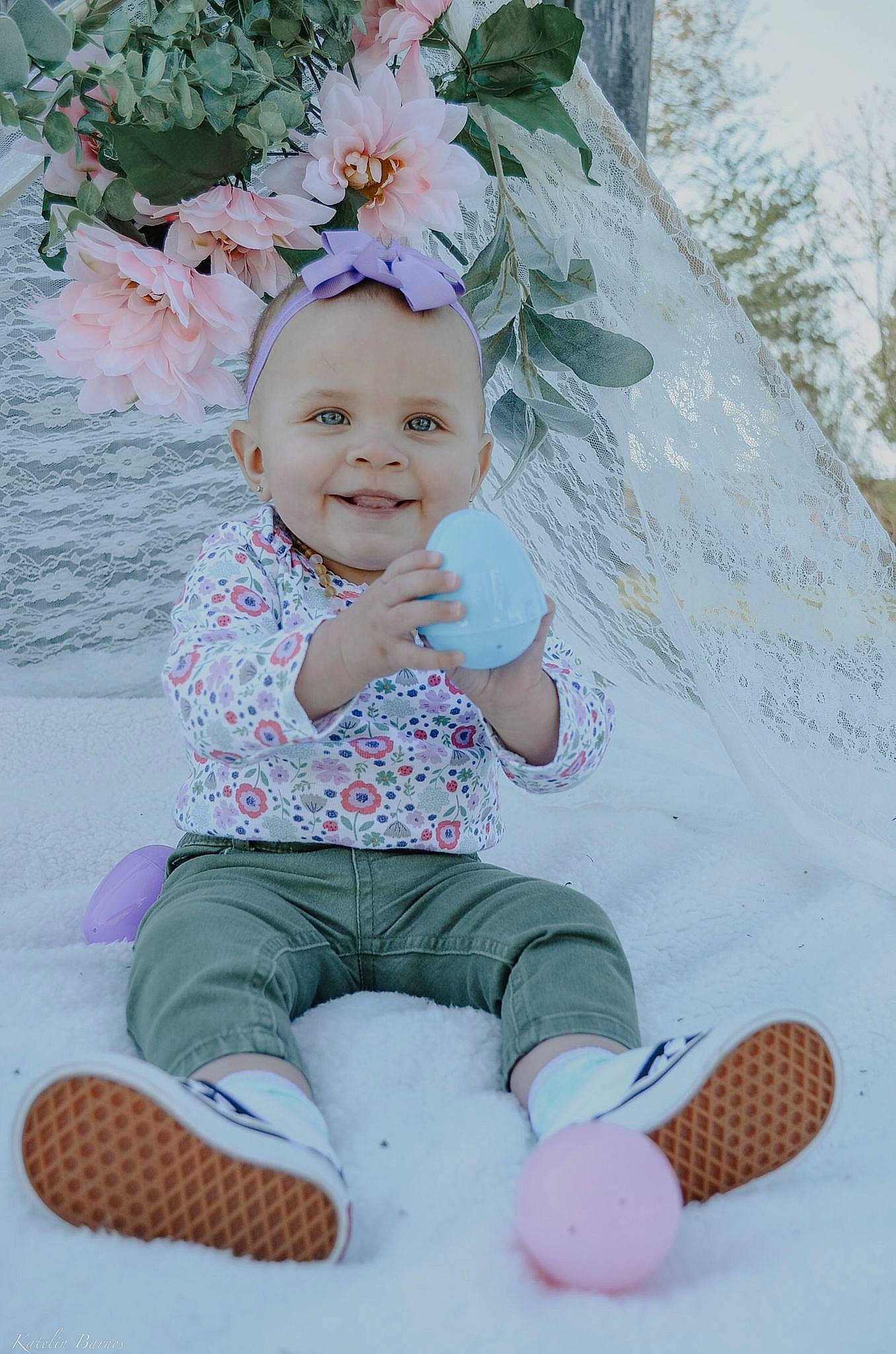 Brookelynn joined the competition — help win amazing prizes! baby_toddler_clothing, child, design, face, flower, grass, hairstyle, happy, headgear, joy, magenta, pattern, person, pink, sitting, sleeve, smile, sock, textile, toddler