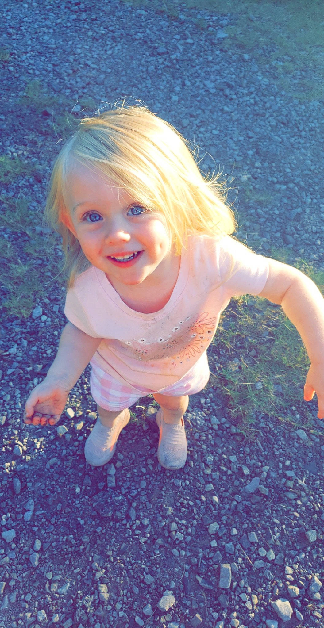 Adalyn is registered to the contest to win money with this photo: baby, baby_toddler_clothing, blond, child, electric_blue, fawn, finger, fun, gesture, grass, hand, happy, iris, joy, lip, people_in_nature, person, pink, purple, smile