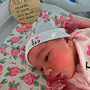 Amara is registered to the contest to win money with this photo: newborn, baby, infant, hat, floral_blanket, hospital_bed, wooden_sign, birth_details, pink_clothing, small_hands, face, skin, cute, lying_down, closeup, hospital, fresh_born, child, portrait, newborn_baby