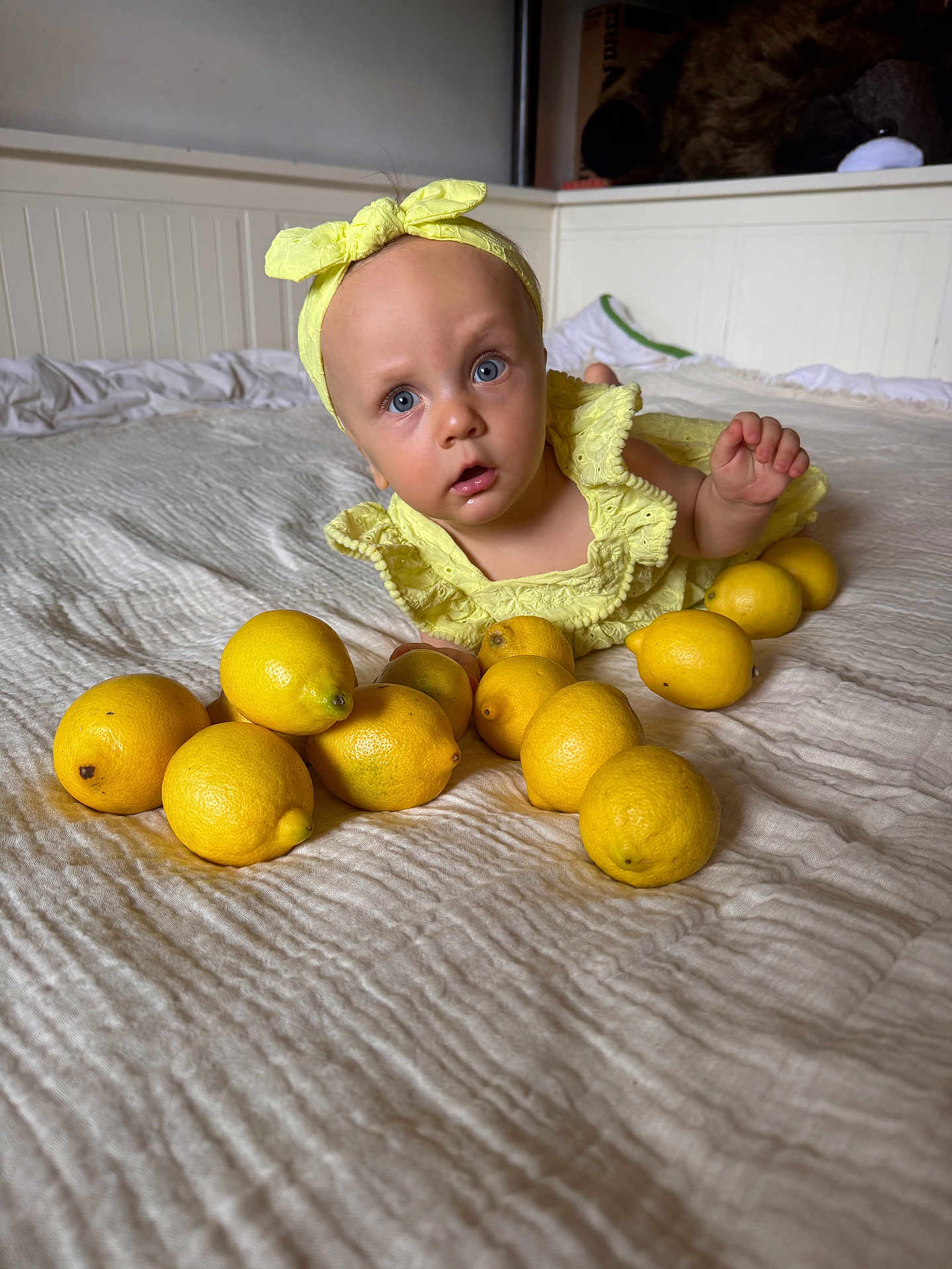 Eevy a rejoint le concours — aidez-le/la à gagner de superbes lots ! baby, child, infant, yellow_dress, headband, lemons, bed, blanket, curious, indoors, portrait, cute, fruit, soft_lighting, expression, person, closeup, skin, blue_eyes, lying_down