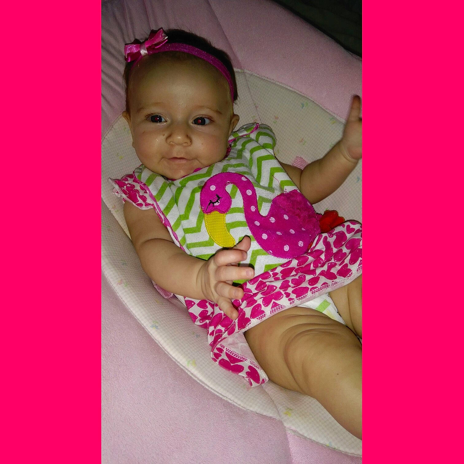 Avaleigh joined the competition — help win amazing prizes! baby_products, cheek, child, day, finger, girl, hair_accessory, hand, infant, magenta, mouth, person, pink, play, product, skin, smile, toddler