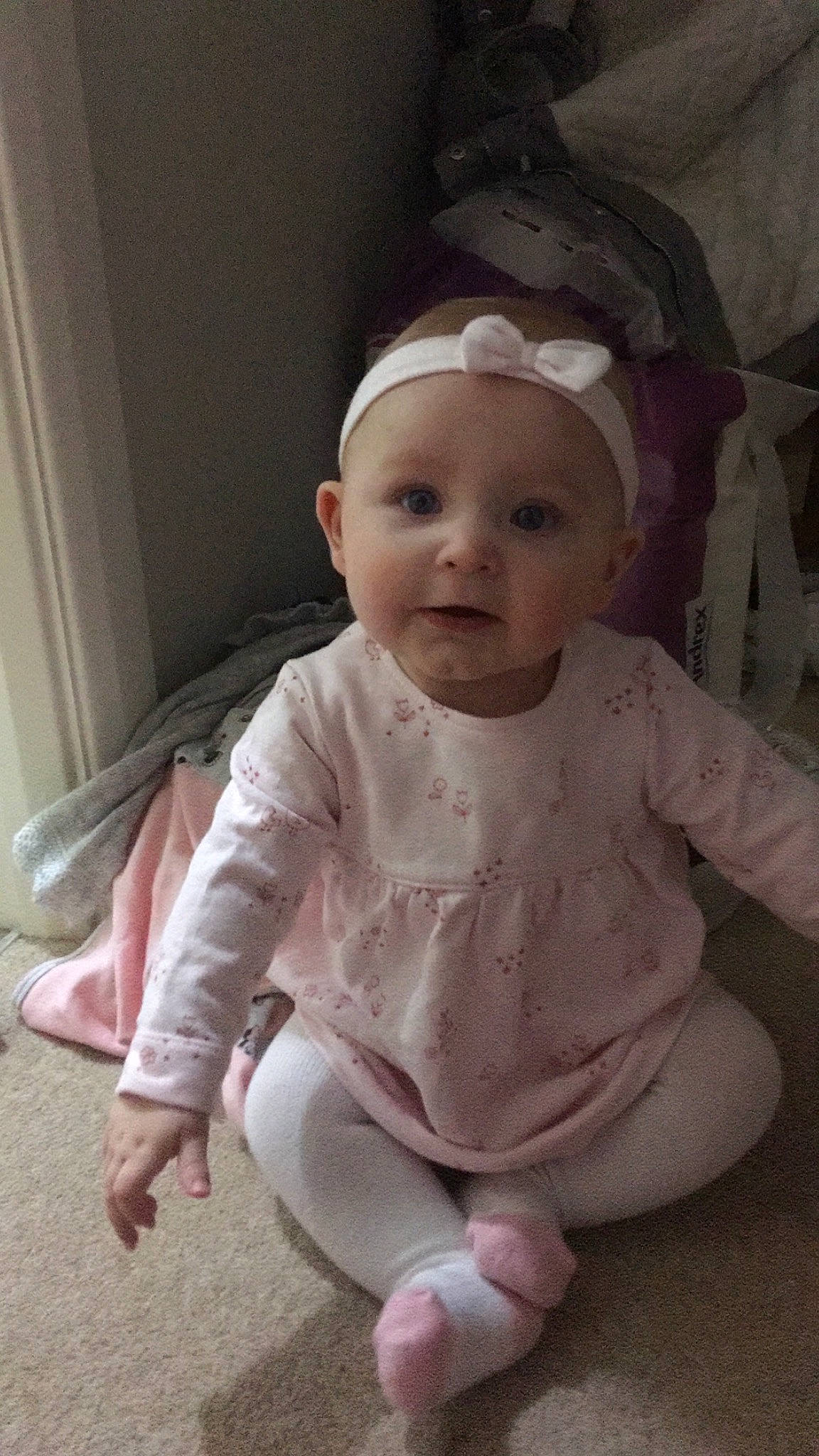 Esmee joined the competition — help win amazing prizes! baby, cheek, child, hair_accessory, head, headgear, person, pink, skin, smile, toddler