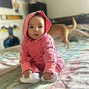 Kaileeanna joined the competition — help win amazing prizes! baby, bed, casual, child, cozy, curious, cute, dog, home, indoor, infant, person, pink_hoodie, portrait, poster, sitting, soft_lighting, superhero, wall_art, white_socks