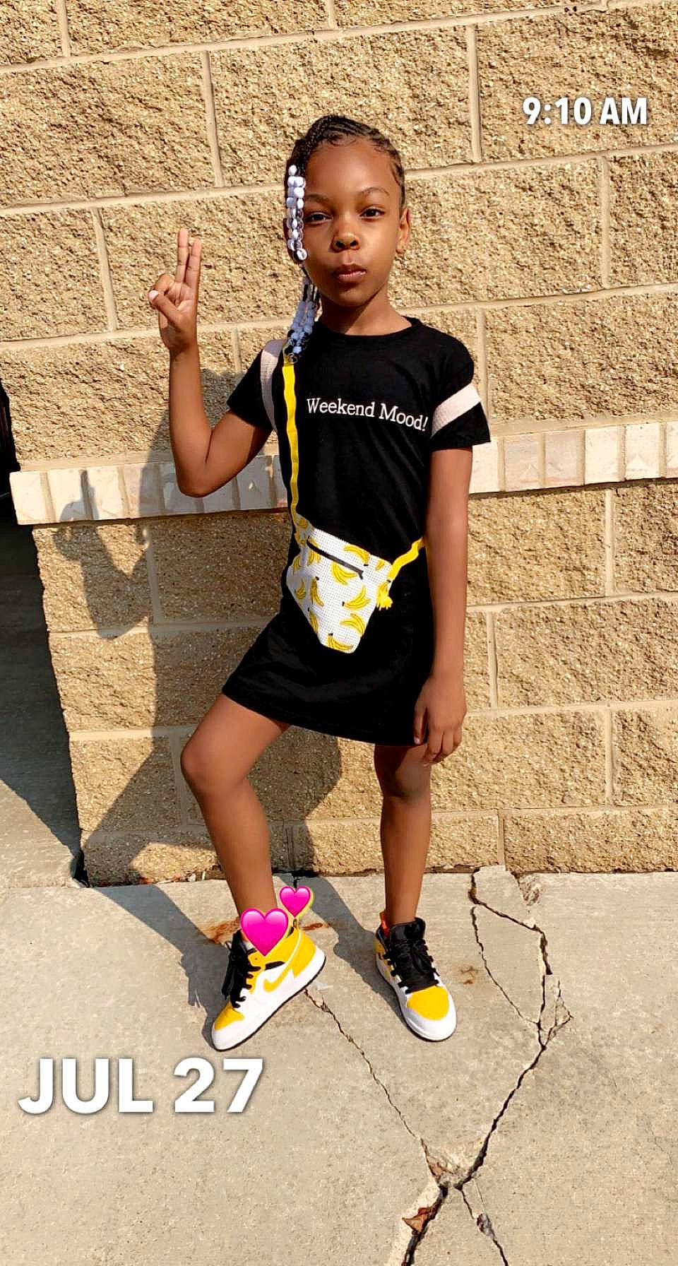 Gabrielle is registered to the contest to win money with this photo: child, clothing, competition_event, cool, fashion, footwear, fun, happy, human_leg, knee, leisure, person, recreation, shoe, sleeve, sneakers, sports, sportswear, street_fashion, t_shirt