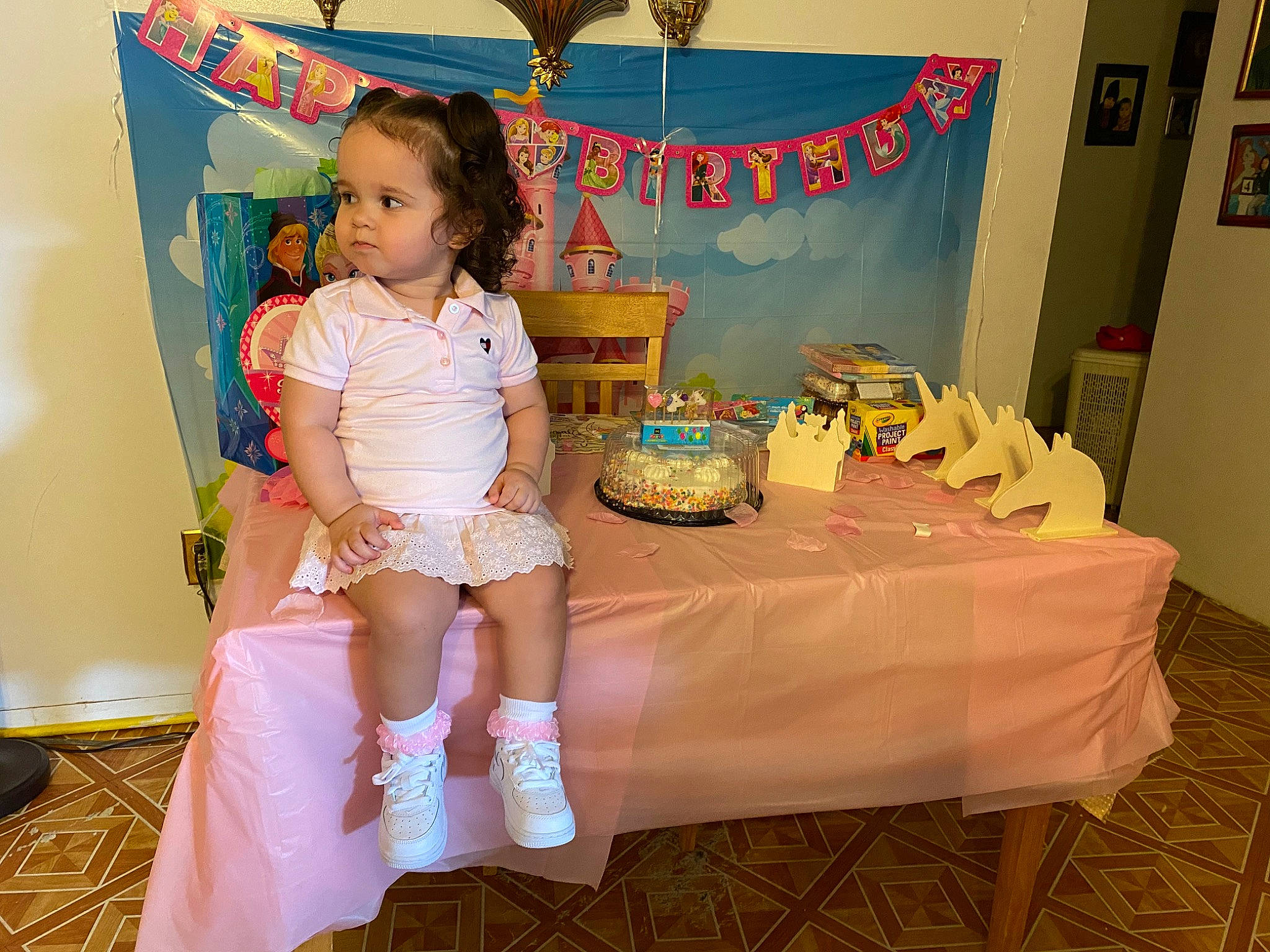 Zalayah is registered to the contest to win money with this photo: birthday, child, furniture, party, person, pink, room, table, toddler