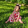 Ashly joined the competition — help win amazing prizes! baby, child, grass, outdoor, dress, pink, flower, hair_accessory, strawberry_pattern, sunlight, shadow, greenery, cute, infant, sitting, nature, summer, portrait, happy, playful