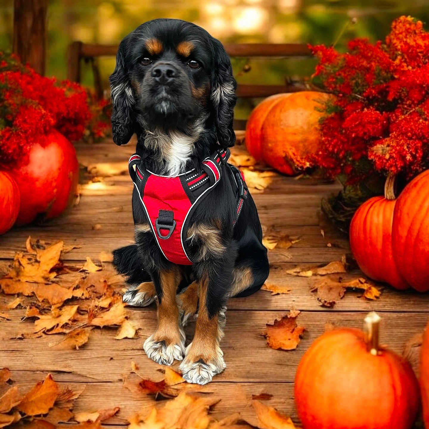 Pepper is registered to the contest to win money with this photo: animal, canine, cockerspaniel, dog, face, festival, food, head, leaf, person, pet, photography, plant, portrait, produce, pumpkin, puppy, squash, tree, vegetable