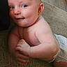 baby, child, infant, smiling, sitting, diaper, carpet, indoor, portrait, face, eyes, bald, happy, candid, skin, baby_pose, home, floor, close_up, adorable