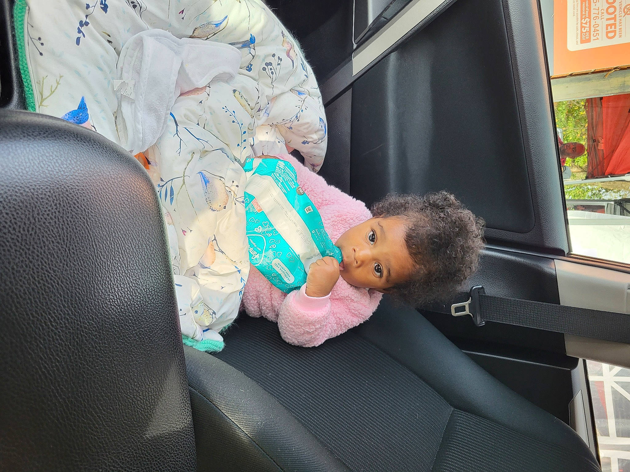 Araya is registered to the contest to win money with this photo: auto_part, baby, baby_products, baby_toddler_clothing, car_seat, child, comfort, family_car, human_leg, lap, motor_vehicle, person, sitting, thigh, toddler, transport, travel