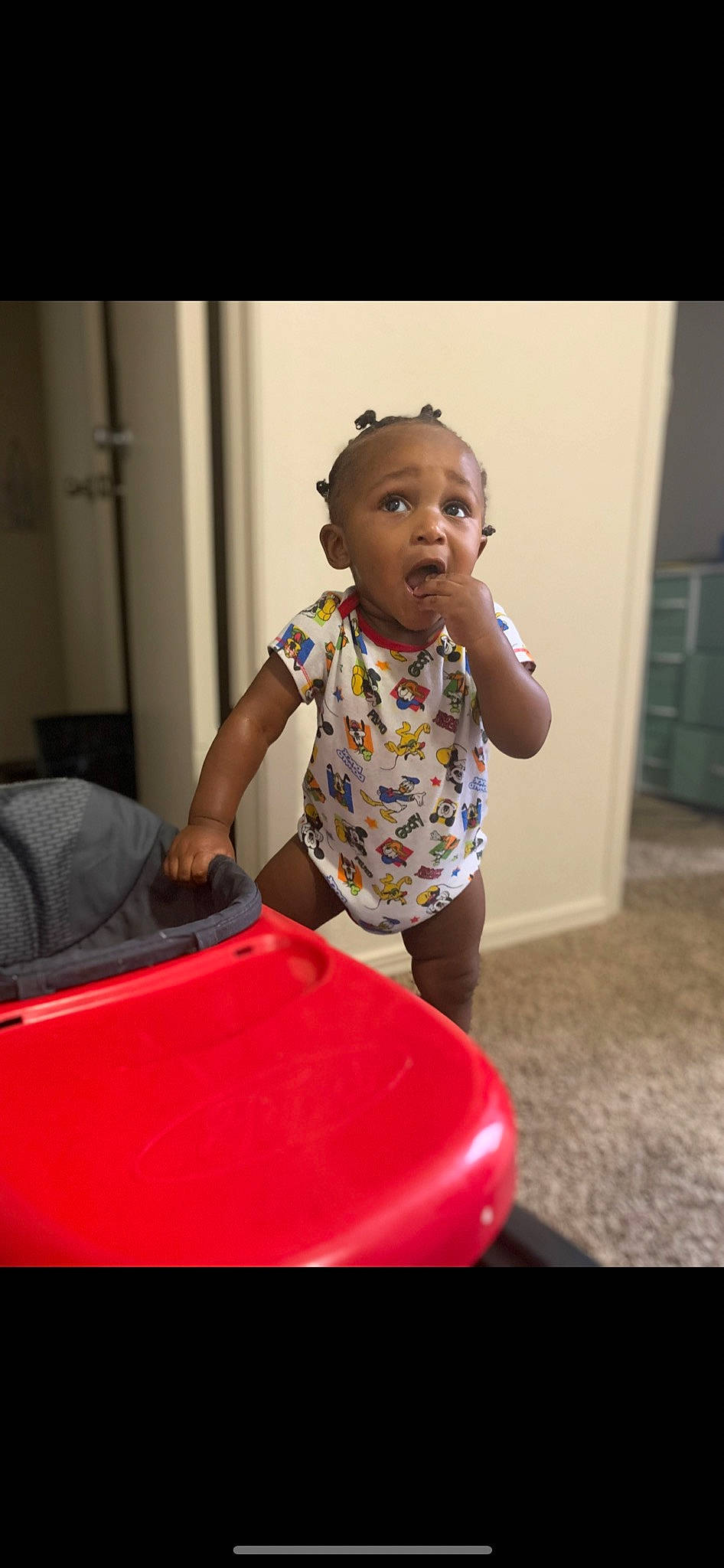Dontez joined the competition — help win amazing prizes! baby, baby_toddler_clothing, child, dress, flooring, fun, happy, leisure, magenta, person, plastic, play, recreation, room, sitting, sleeve, surprise, t_shirt, toddler