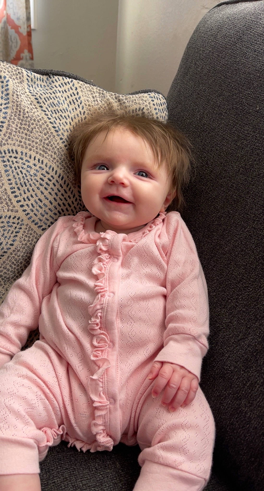 Maeve joined the competition — help win amazing prizes! baby, baby_toddler_clothing, cheek, child, comfort, eye, face, happy, head, headgear, iris, linens, outerwear, person, sitting, skin, sleeve, smile, toddler, wood