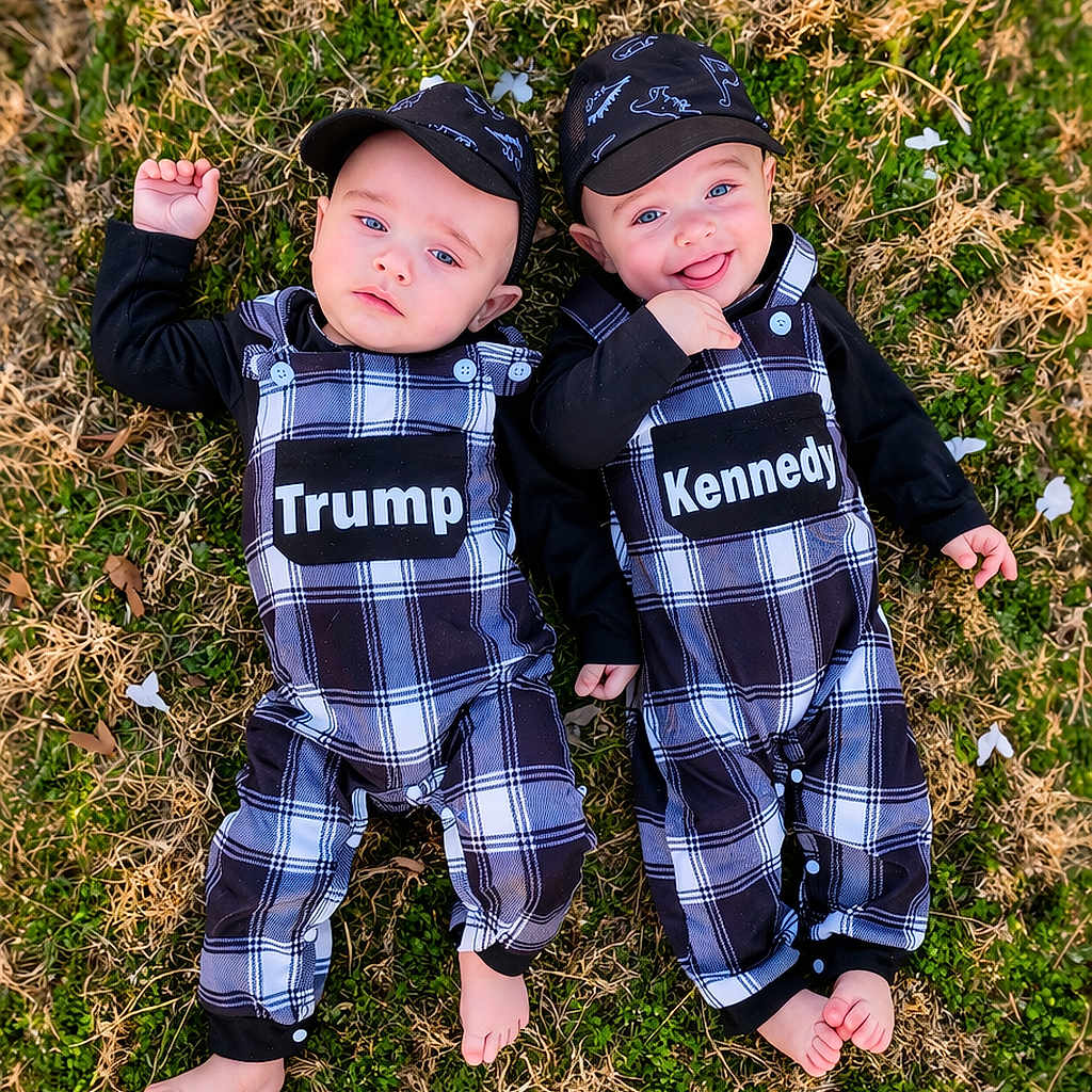 Trump And Kennedy is registered to the contest to win money with this photo: baby, black_cap, child, clothing, cute, foot, grass, happy, headwear, infant, lying_down, names, nature, outdoor, person, plaid_overalls, playful, smiling, twin, two_people