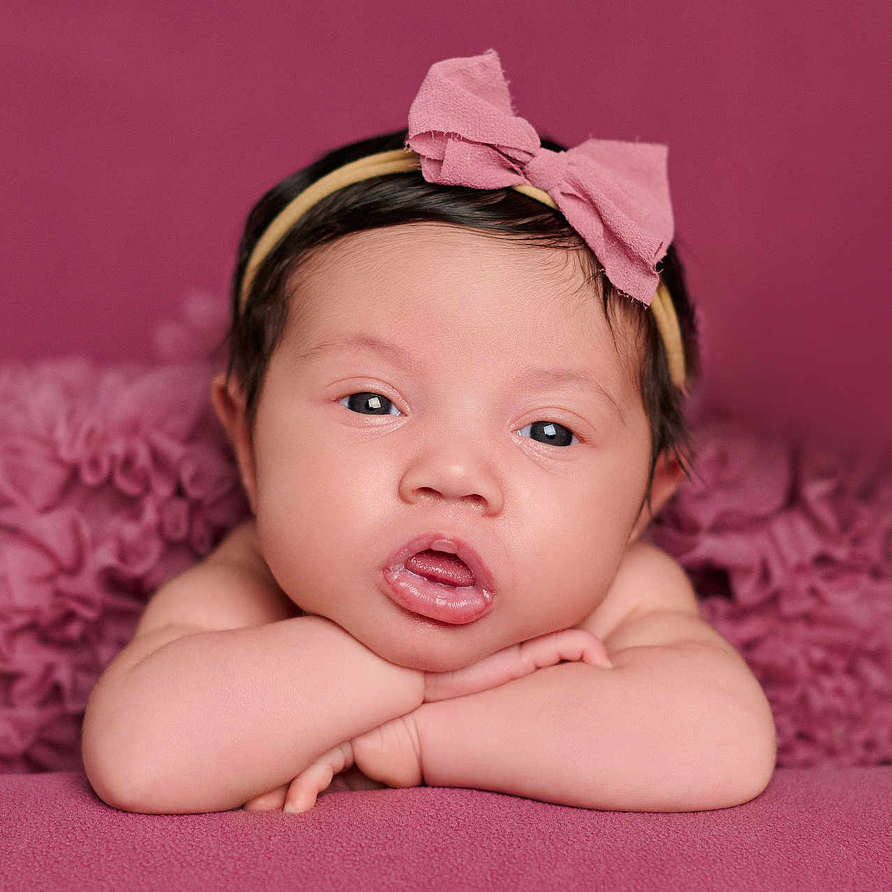 Harper joined the competition — help win amazing prizes! accessories, baby, bodypart, bonnet, couch, face, finger, formalwear, furniture, hand, happy, head, headband, mouth, newborn, person, photography, portrait, purple, smile
