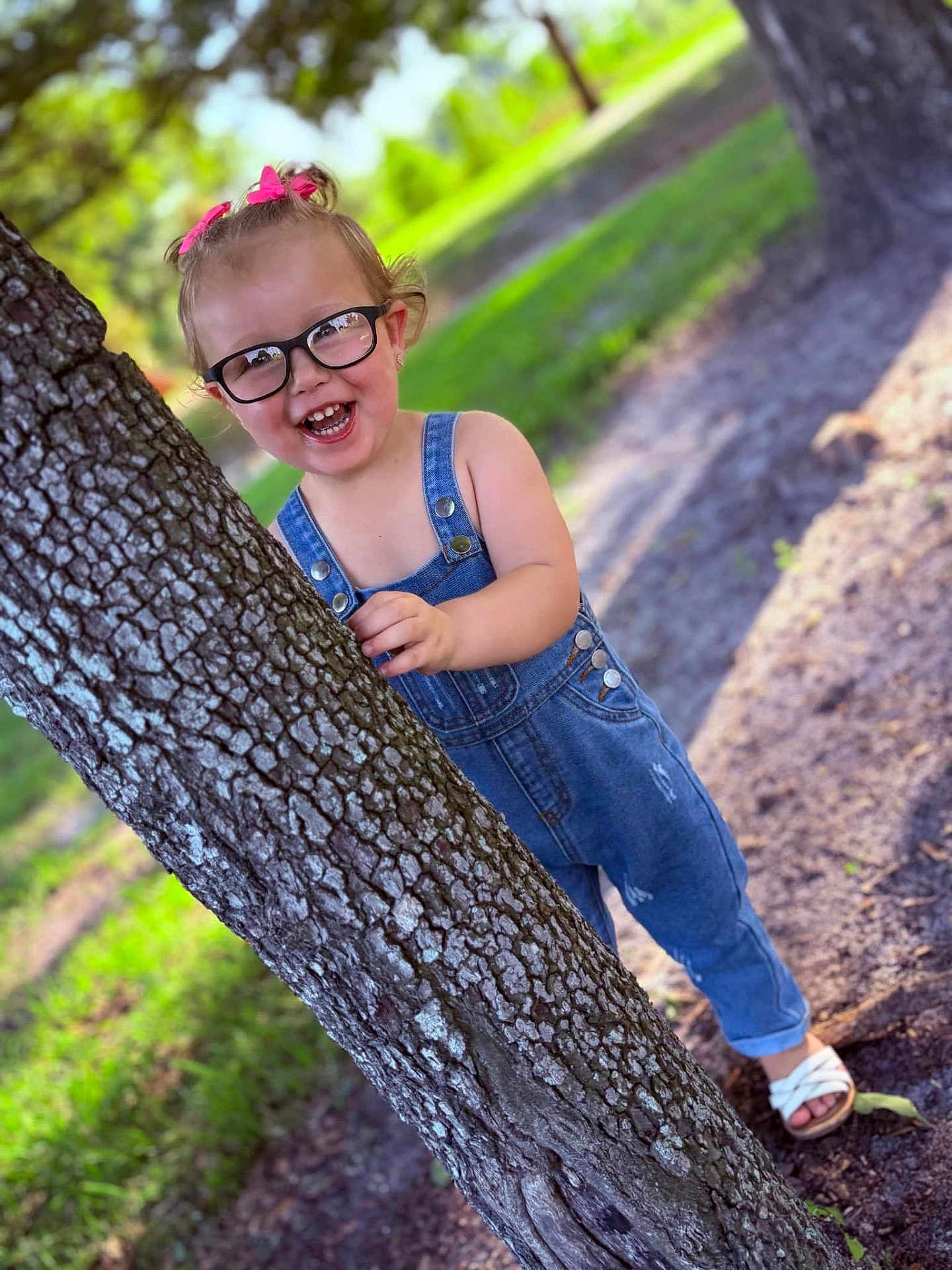 Sailor joined the competition — help win amazing prizes! child, toddler, glasses, denim_overalls, tree, outdoor, grass, smile, happy, playful, hair_bows, sandals, nature, sunlight, park, person, footpath, young_child, casual_clothing, daylight